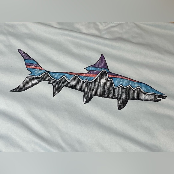 Patagonia Shark Logo Mens T-Shirt Long Sleeve Teal Size Large - Picture 3 of 5